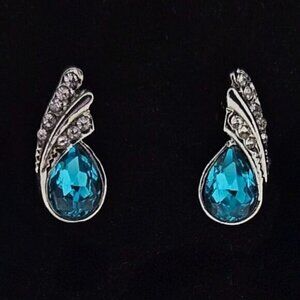 Small Azure Blue, Clear Crystal Teardrop Stud Earrings Silver Plated